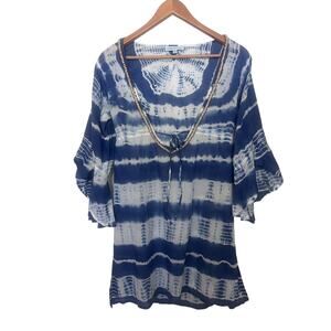 Ellen Weaver Swimsuit Coverup Blue White Beaded Tie Dye Dress Women’s Sz Small